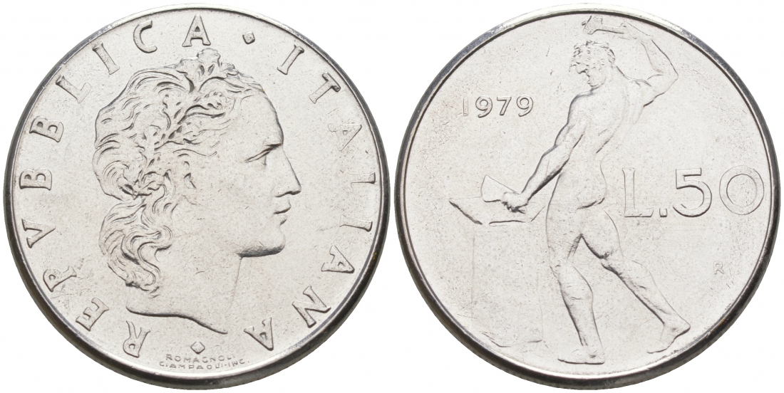 ИТАЛИЯ 50 ЛИР 1979 R, КУЗНЕЦ KM 95.1 нержавеющая сталь 68-457