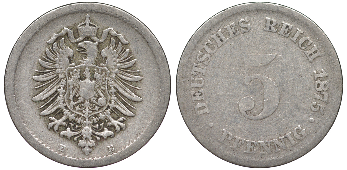ГЕРМАНИЯ 5 ПФЕННИГОВ 1875 E, СТАРОГЕРБОВКА KM 3, J.3 медно-никель 45-447
