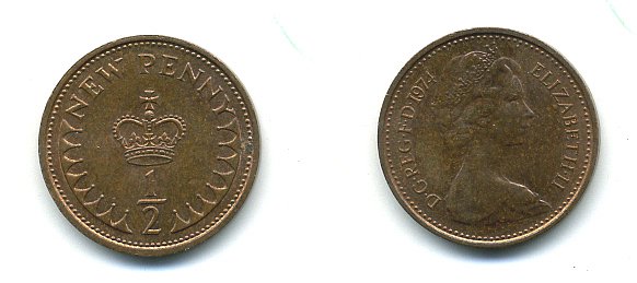 Великобритания 1/2 пенни 1974 Елизавета II (1952-2022) KM 914, Spink 4239 бронза 4110-1712