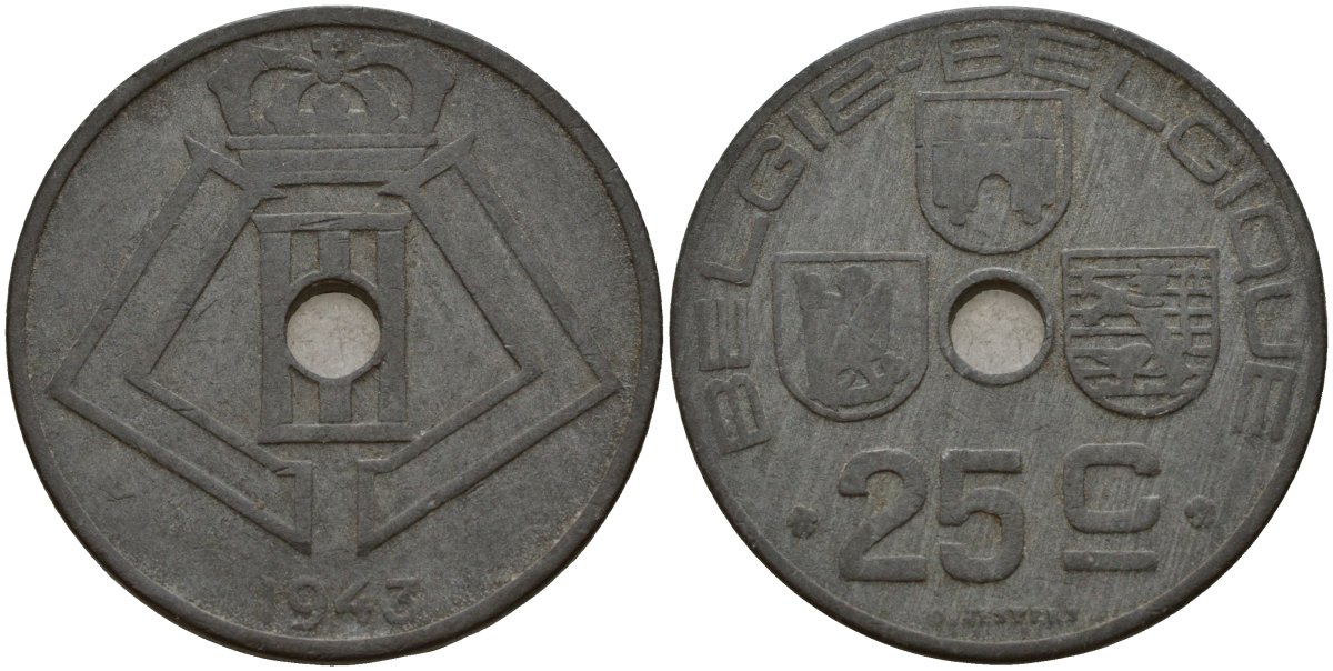 Бельгия 25 сантимов 1943 Belgie - Belgique, Леопольд III (1934-1947), германская оккупация, Вторая мировая война KM 132 цинк 4157-543