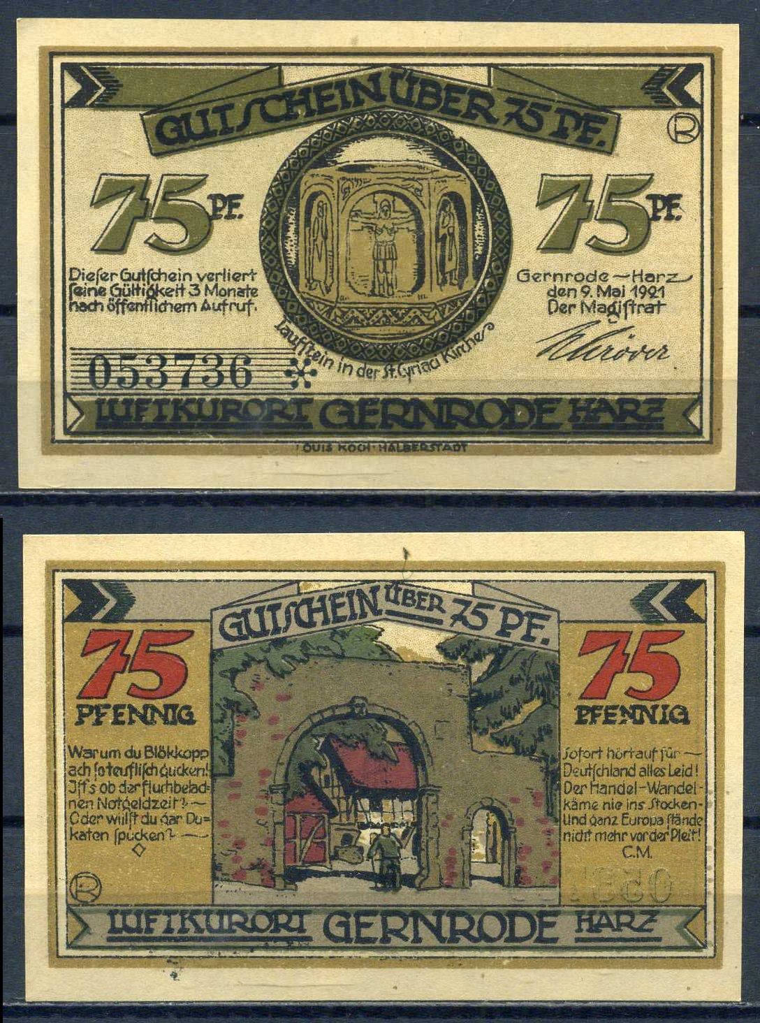 Гернроде (Ангальт, Германия) 75 пфеннигов 1921 бумага aUNC 7556-3-3-1