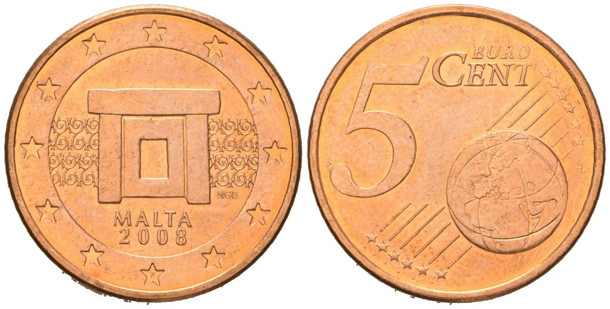 Мальта 5 евроцентов 2008 F KM 127 сталь плакированная медью UNC 4548-137