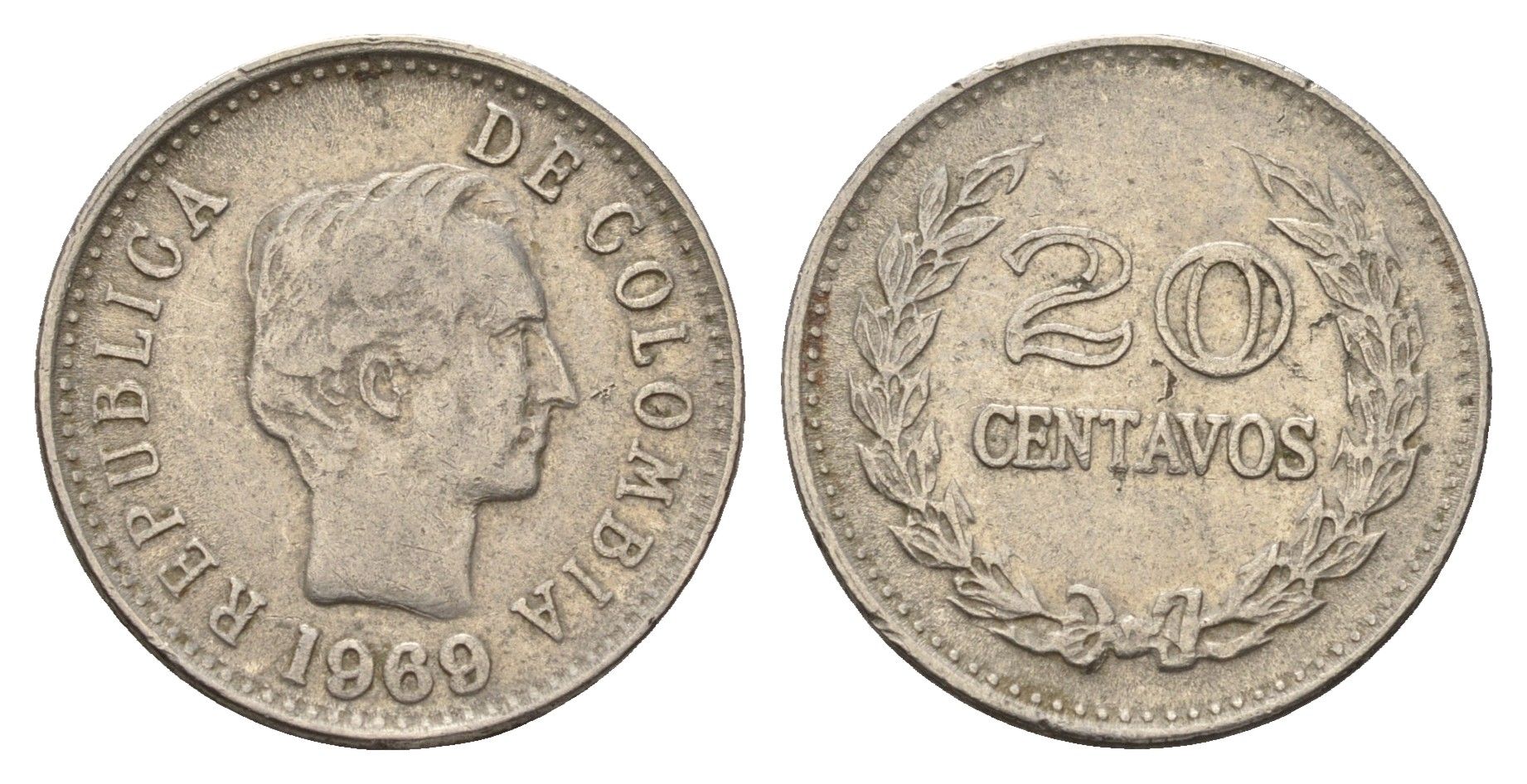 Колумбия 20 сентаво 1969 KM 237 сталь плакированная никелем 4675-624