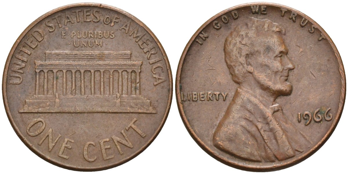 США 1 цент 1966 Линкольн KM 201 медь цинк 4115-838