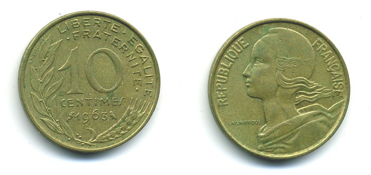 ФРАНЦИЯ 10 САНТИМОВ 1963 ТИП MARIANE KM 929, LE FRANC 144.3 алюминиевая бронза 84-1568