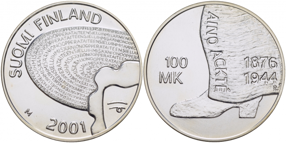 Финляндия 100 марок 2001 Айно Акте (1876-1944), оперная певица KM 97 серебро UNC 1069-10-21