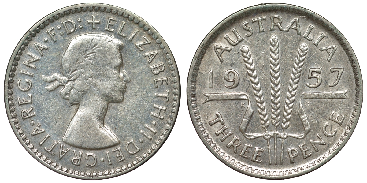 Австралия 3 пенса 1957 m, Елизавета II (1952-2022) KM 57 серебро 71-517