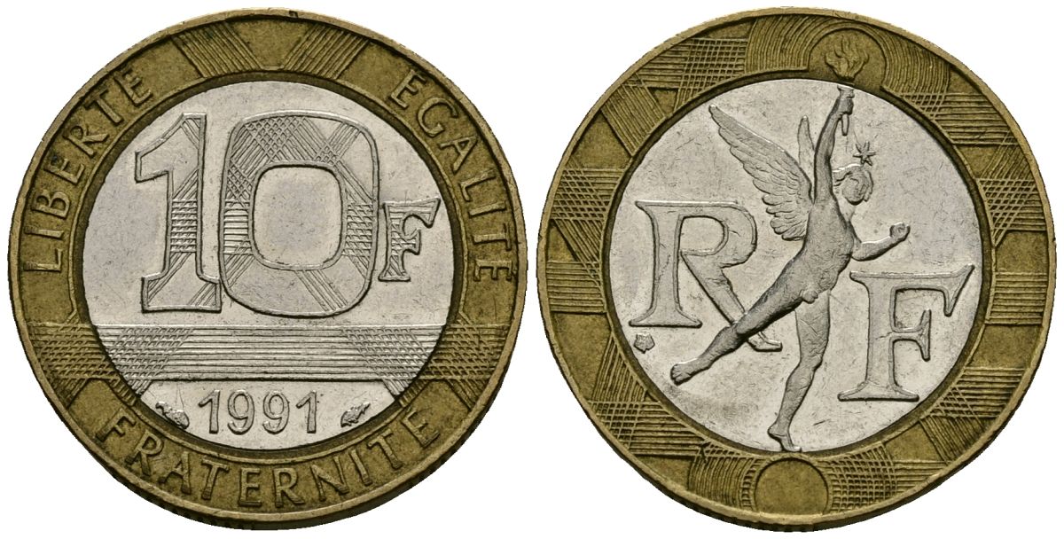 Франция 10 франков 1991 тип Гений Бастилии KM 964.1, Le Frank 375.6 биметалл 4135-547