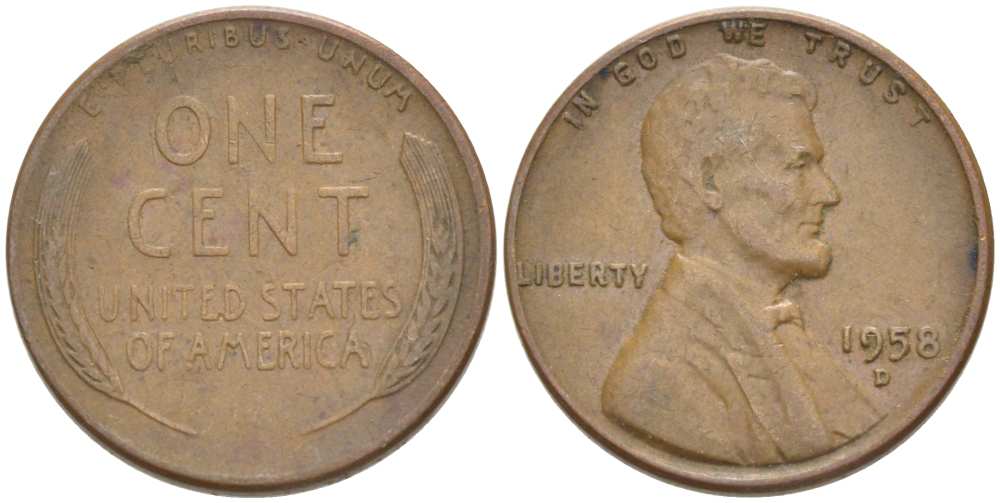 США 1 ЦЕНТ 1958 D, ЛИНКОЛЬН KM А132 медь цинк 3309-1224