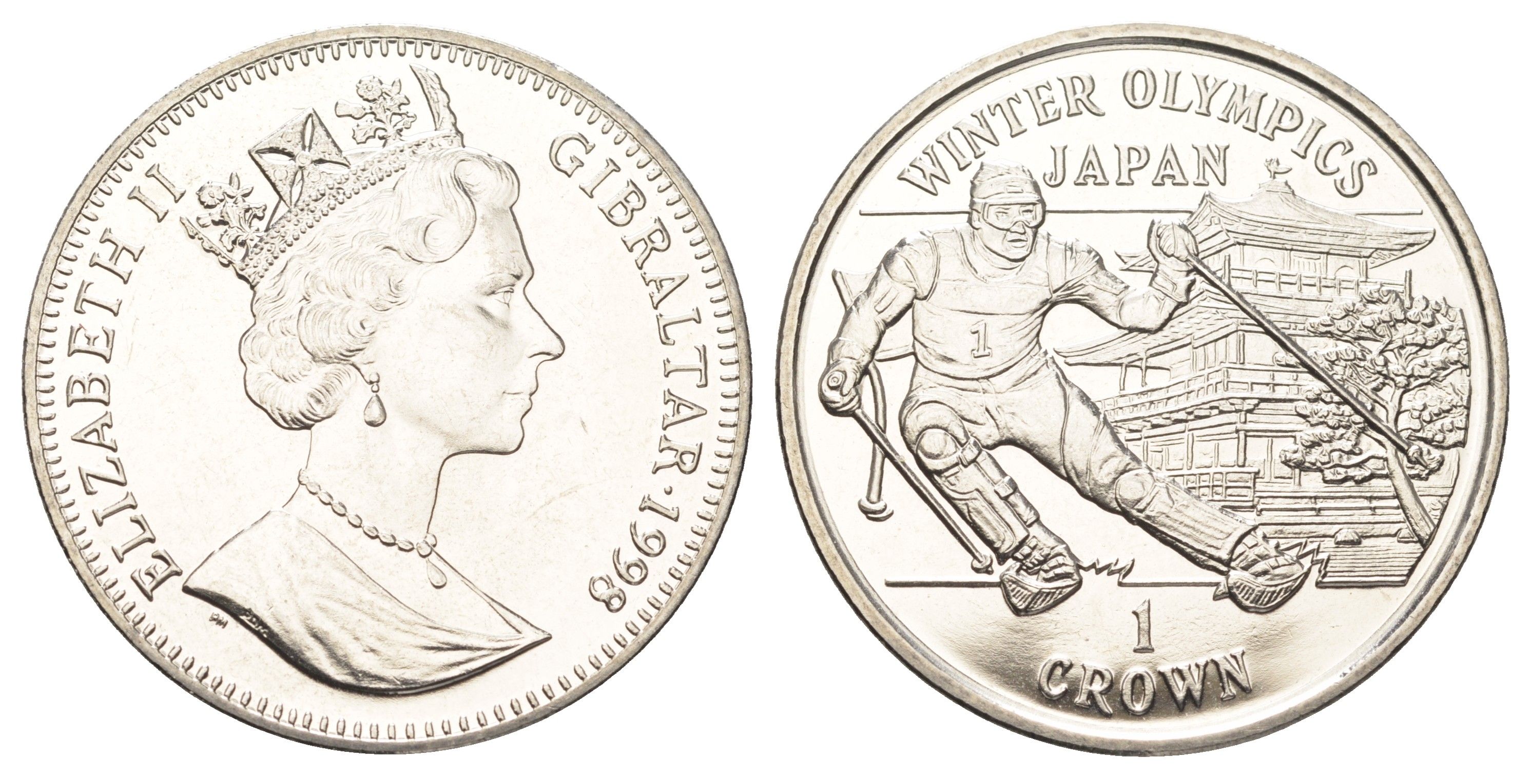 Гибралтар 1 крона 1998 Зимние Олимпийские Игры, Нагано 1998 - Слалом KM 642 медно-никель BU 11-315-11