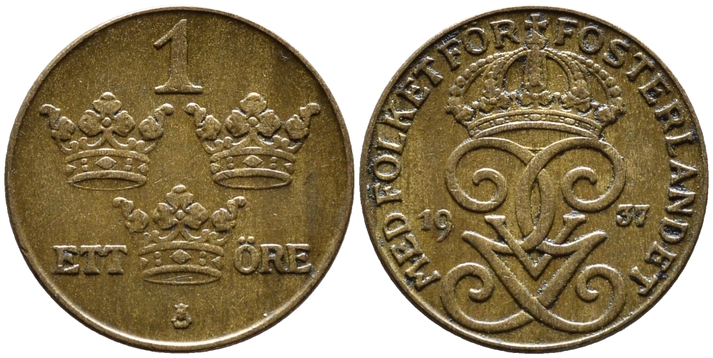 Швеция 1 эре 1937 Густав V (1907-1950) KM 777.2 бронза 4387-1217