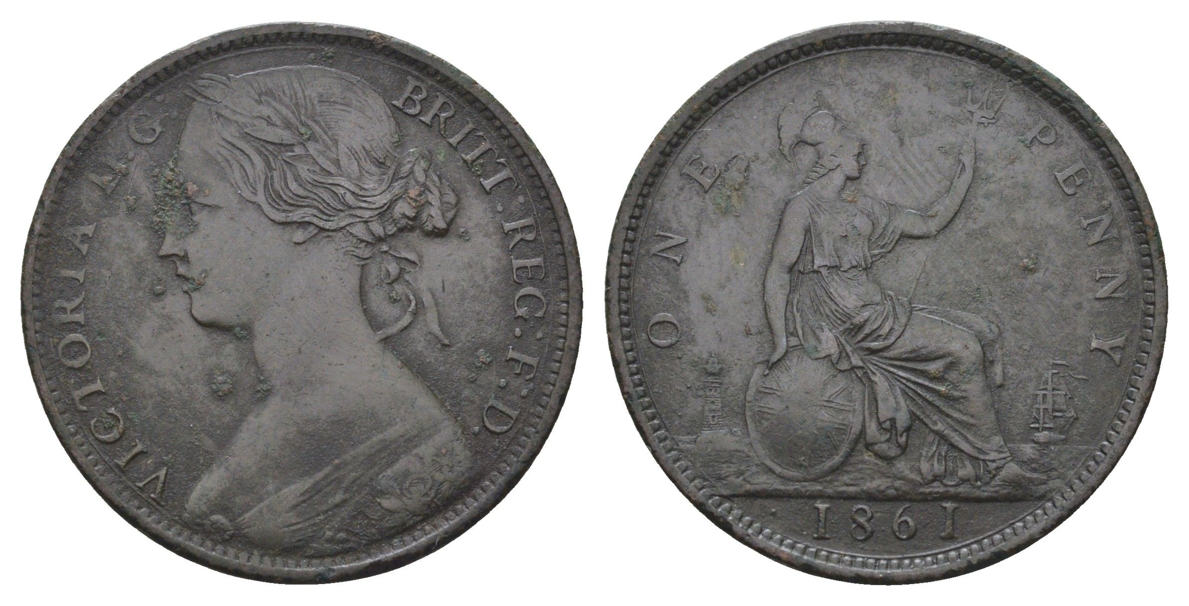 Великобритания 1 пенни 1861 Виктория (1837-1901) KM 749.2, Spink 3954 бронза 4661-331