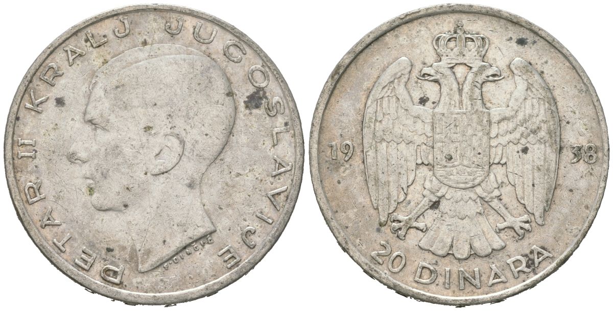 Югославия 20 динаров 1938 Петр II (1934-1945) KM 23 серебро 4182-755