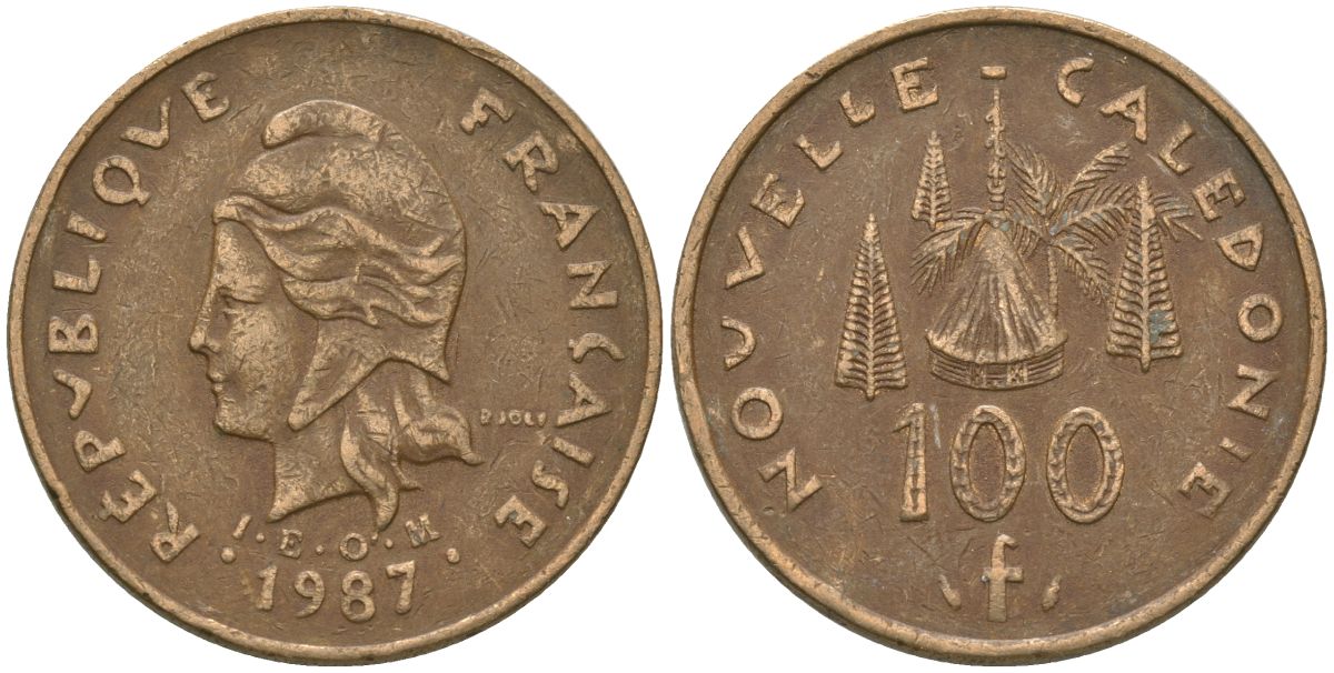 Французская Новая Каледония 100 франков 1987 хижина среди сосен и пальм, (IEOM) KM 15, Schoen 16, Lec 135 никель бронза 88-514