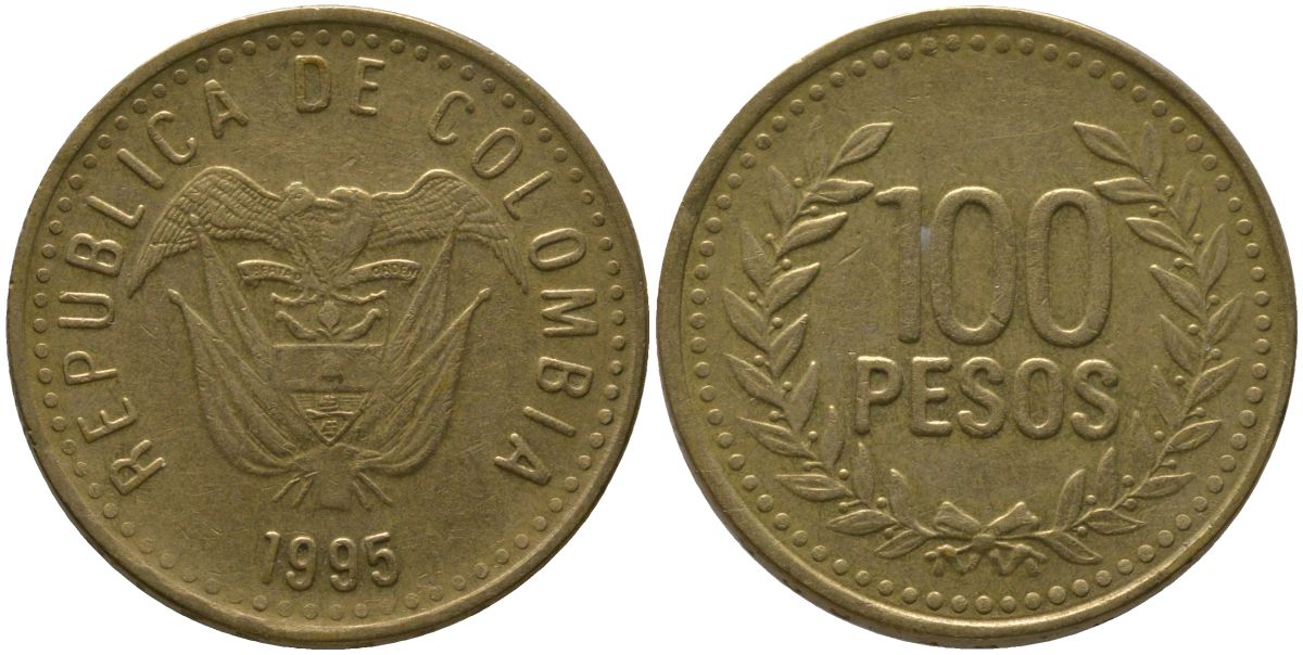 Колумбия 100 песо 1995 KM 285.2, Restrepo 445.4 латунь 4538-1254