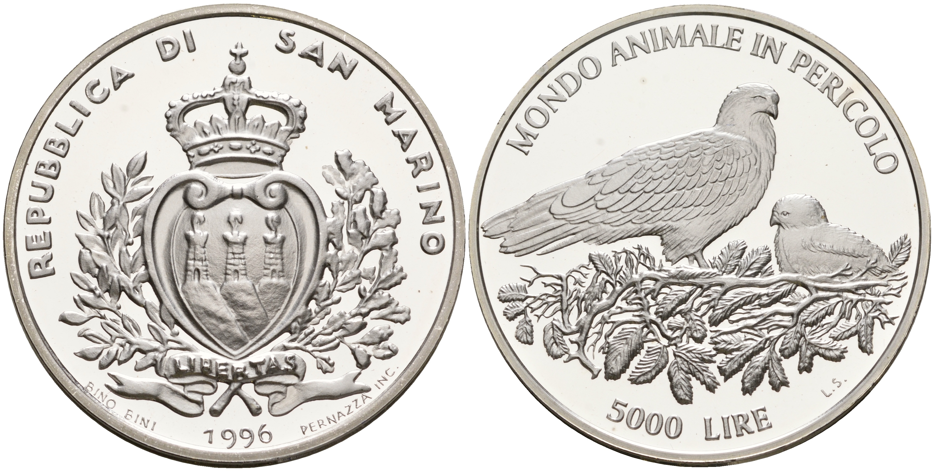 Сан-Марино 5000 лир 1996 серия сохраним наш мир, орел в гнезде KM 340 серебро PROOF 00-000-00