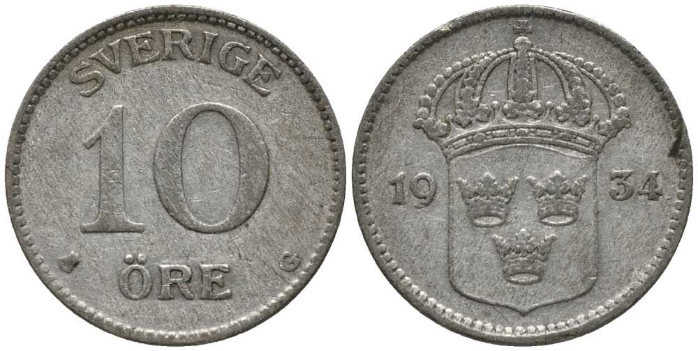Швеция 10 эре 1934 G, Густав V (1907-1950) КМ 780 серебро 201-1112