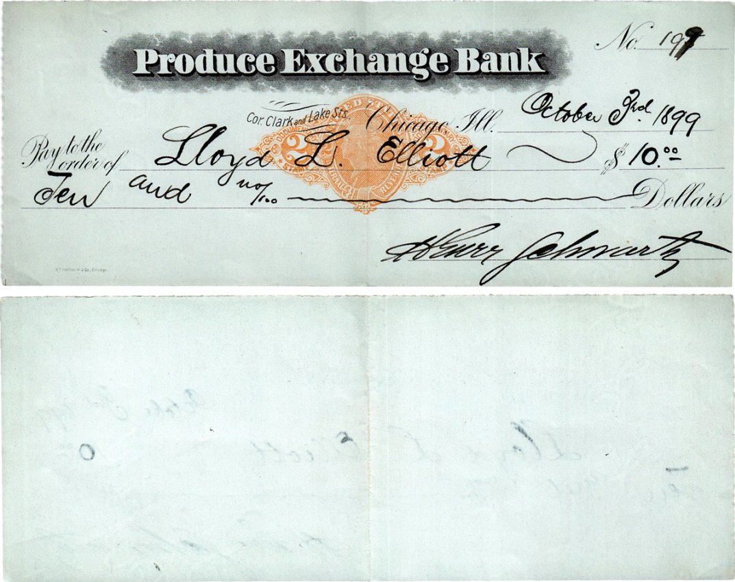 США чек на 10 долларов 1899 Produce Exchange Bank, Чикаго бумага 434-24-1-1