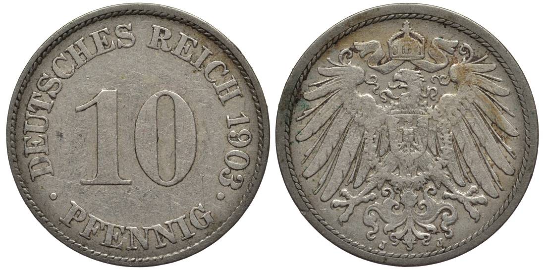 ГЕРМАНИЯ 10 ПФЕННИГОВ 1903 J KM 12, Jager 13, Weege 8 медно-никель 219-411