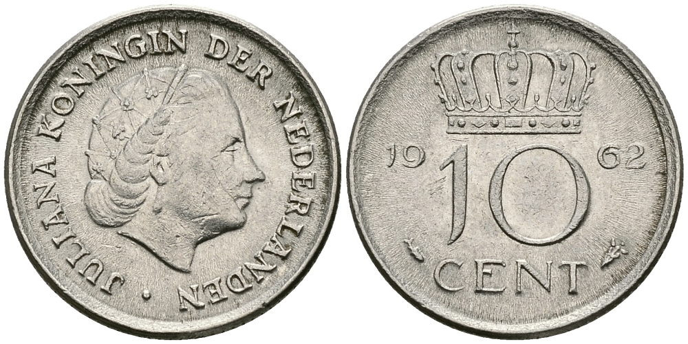 НИДЕРЛАНДЫ 10 ЦЕНТОВ 1962 ЮЛИАНА KM 182 никель 96-417