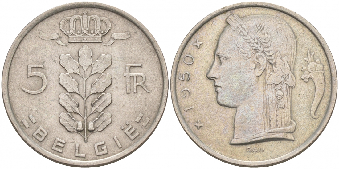 БЕЛЬГИЯ 5 ФРАНКОВ 1950 BELGIE KM 135.1 медно-никель 68-651