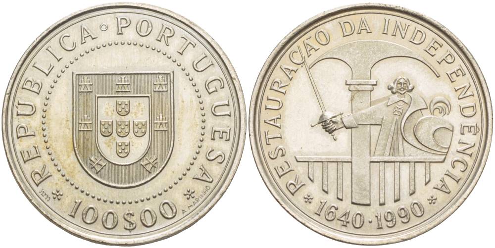 Португалия 100 эскудо 1990 350 лет со дня восстановления Португальской независимости KM 651 медно-никель UNC 4537-433