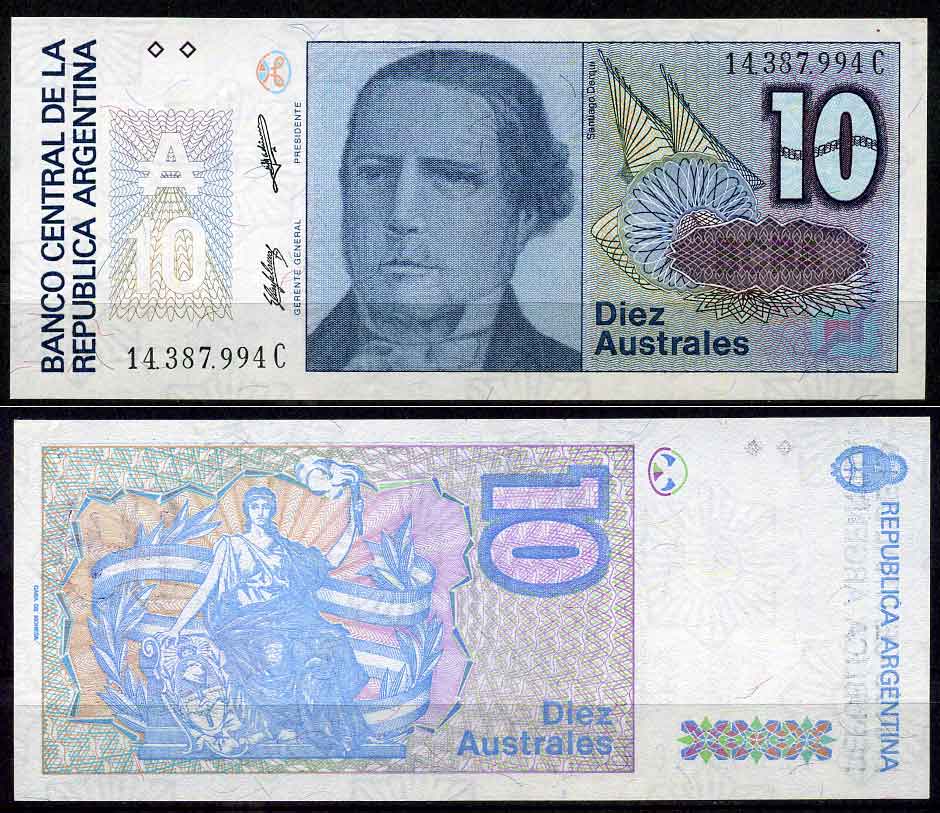 Аргентина 10 аустралей 1988 серия В 14387, Сантьяго Дерки, Президент Аргентины Pick 325b  бумага  UNC (пресс) 7202-7-2