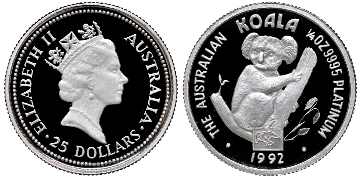 Австралия набор из 3 монет 1 доллар, 25 долларов, 25 долларов 1992 животные Австралии, тираж 750 экз № 0431 серебро, золото, платина 4-3-5-28
