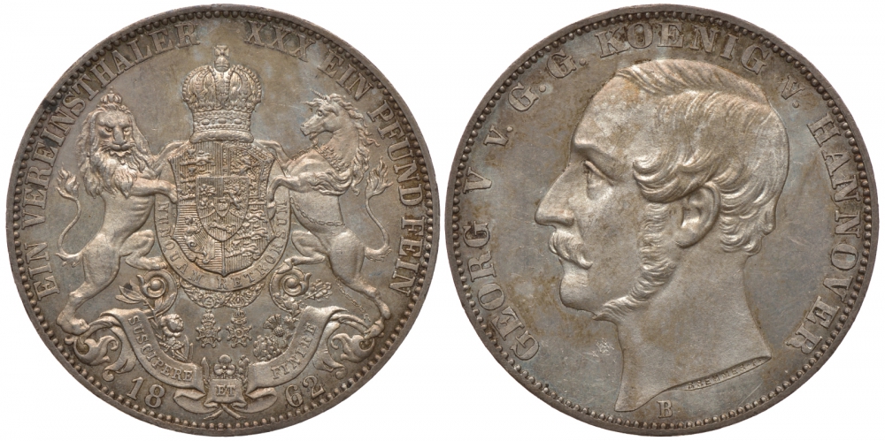Брауншвейг-Каленберг-Ганновер 1 талер 1862 В, Георг V (1851-1866) КМ 230, AKS 144, Dav. 682, Kahnt 239, Thun 174 серебро 00-809-33