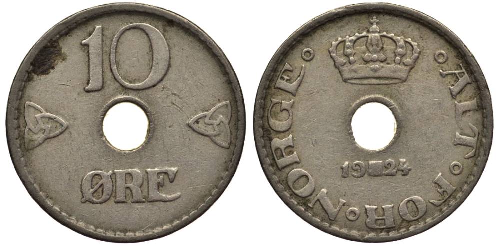 Норвегия 10 эре 1924 Хокон VII (1905-1957) KM 383 медно-никель 218-224
