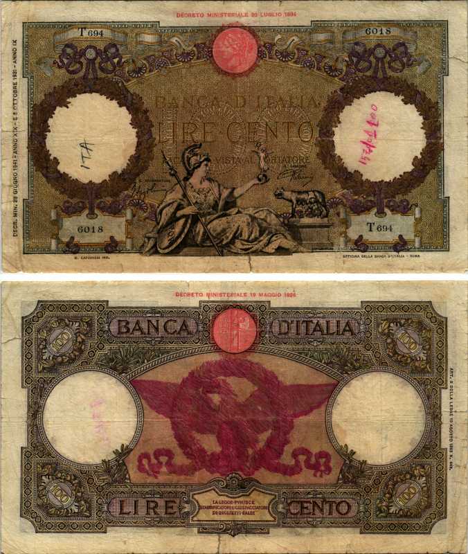 Италия 100 лир 1941 23 июня 1941 Pick 55b, Grapanzano 252B бумага 6301-40-1