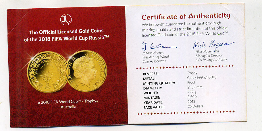 Австралия 25 долларов 2018 чемпионат мира по футболу в России KM NEW золото PROOF 10-014-12