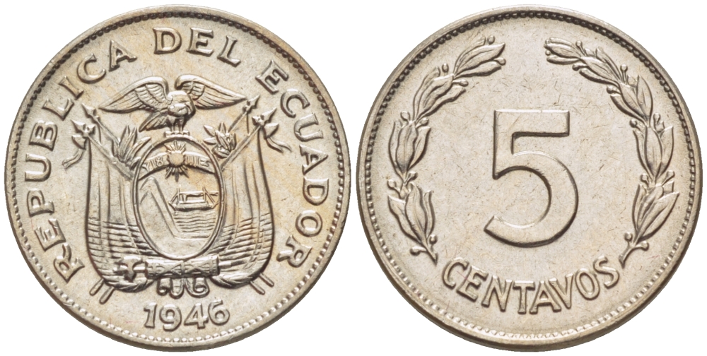 Эквадор 5 сентаво 1946 KM 75b медно-никель 66-867