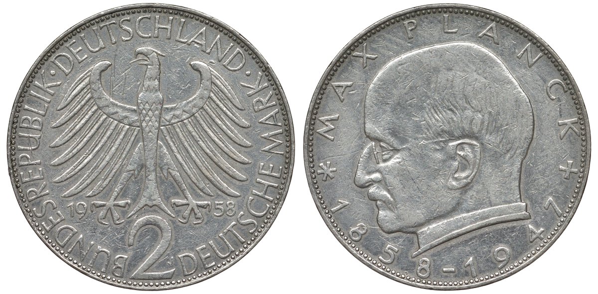 ФРГ 2 марки 1958 J, Макс Планк KM 116, J. 392 медно-никель плакированный никелем 72-241