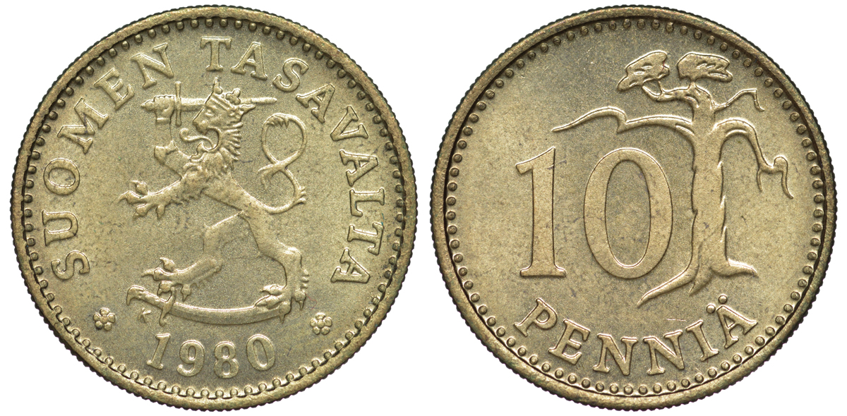 ФИНЛЯНДИЯ 10 ПЕННИ 1980 K KM 46 алюминиевая бронза 3334-1137