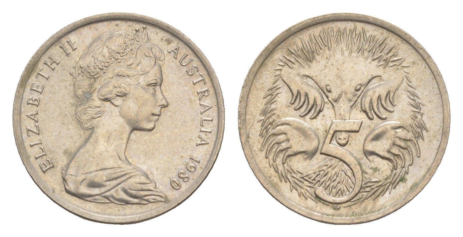 Австралия 5 центов 1980 Елизавета II (1952-2022) молодой портрет, ехидна KM 64 медно-никель UNC 4152-448