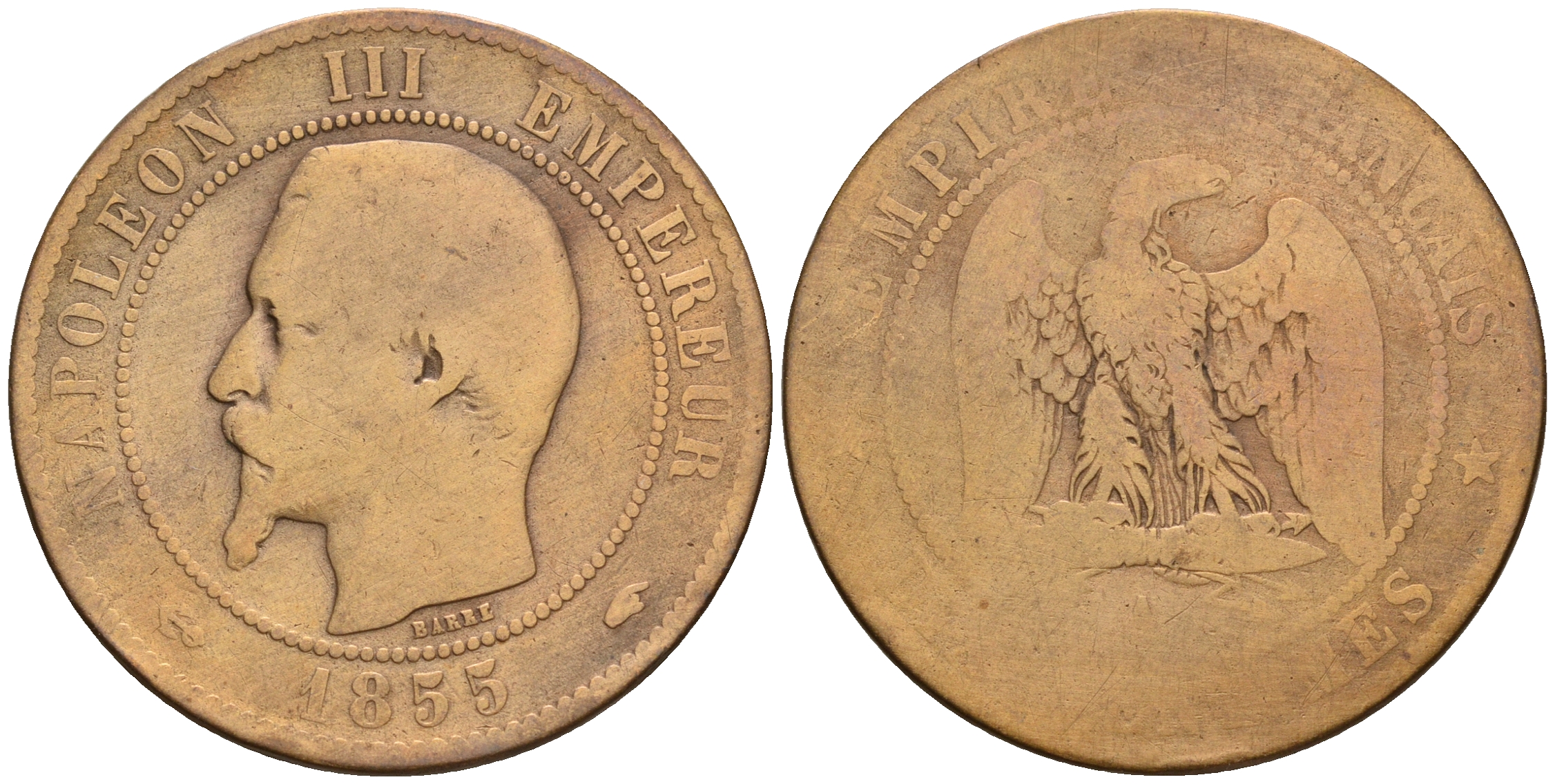 Франция 10 сантимов 1855 A, Наполеон III (1852-1870) KM 771.1, Le Franc 133,19 бронза 221-443