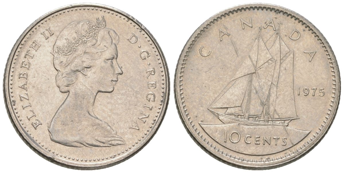Канада 10 центов 1975 Елизавета II (1952-2022), парусник KM 77.1 никель 4567-645