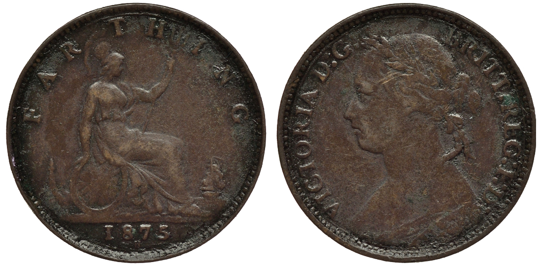 Великобритания 1 фартинг 1875 Виктория (1837-1901) KM 753, Spink 3958 бронза 4114-731