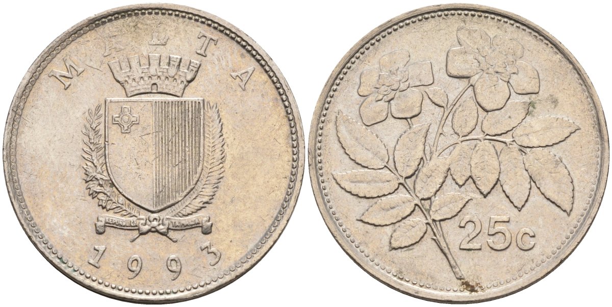 Мальта 25 центов 1993 шиповник вечнозелёный KM 97 медно-никель 219-1057