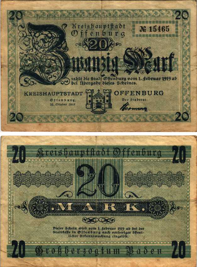 ОФФЕНБУРГ 20 МАРОК 1918 НОТГЕЛЬД, 22 ОКТЯБРЯ 1918, ЗЕМЛЯ БАДЕН-ВЮРТЕНБЕРГ Geiger 397.02 бумага 6300-33-3-1