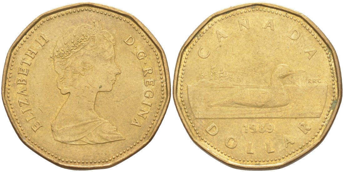 Канада 1 доллар 1989 утка, Елизавета II KM 157 никель плакированный алюминиевой бронзой 63-625