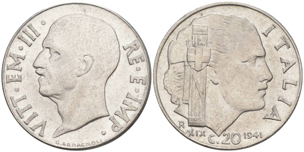 ИТАЛИЯ 20 ЧЕНТЕЗИМО 1941 R, ГОД XIX, ВИКТОР ЭММАНУИЛ III (1900-1946) KM 75b, VEM3. 1028 нержавеющая сталь 3853-712