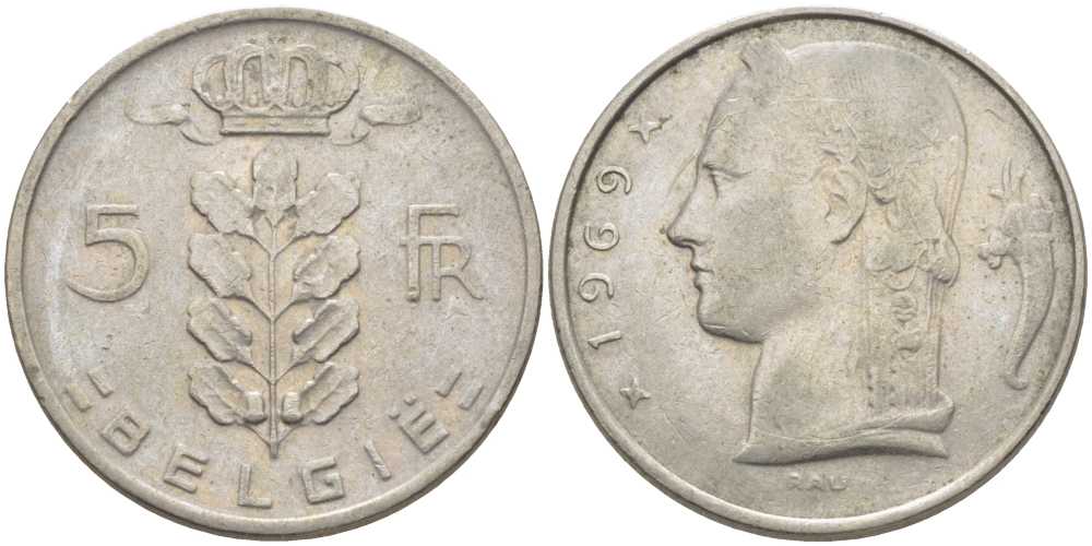 БЕЛЬГИЯ 5 ФРАНКОВ 1969 BELGIE, БОДУЭН I (1951-1993) KM 135.1 медно-никель 119-817