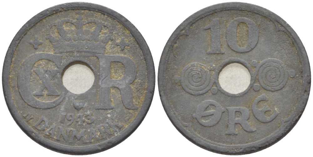 ДАНИЯ 10 ЭРЕ 1943 N ; GJ, КРИСТИАН X (1912-1947) KM 822.2а цинк 4383-146