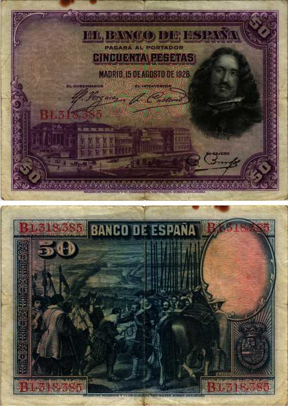 ИСПАНИЯ 50 ПЕСЕТ 1928 15 АВГУСТА 1928, СЕРИЯ В1318385, МУЗЕЙ ПРАДО В МАДРИДЕ, ДИЕГО ВЕЛАСКЕС Pick 75b бумага 8605-48-3-1