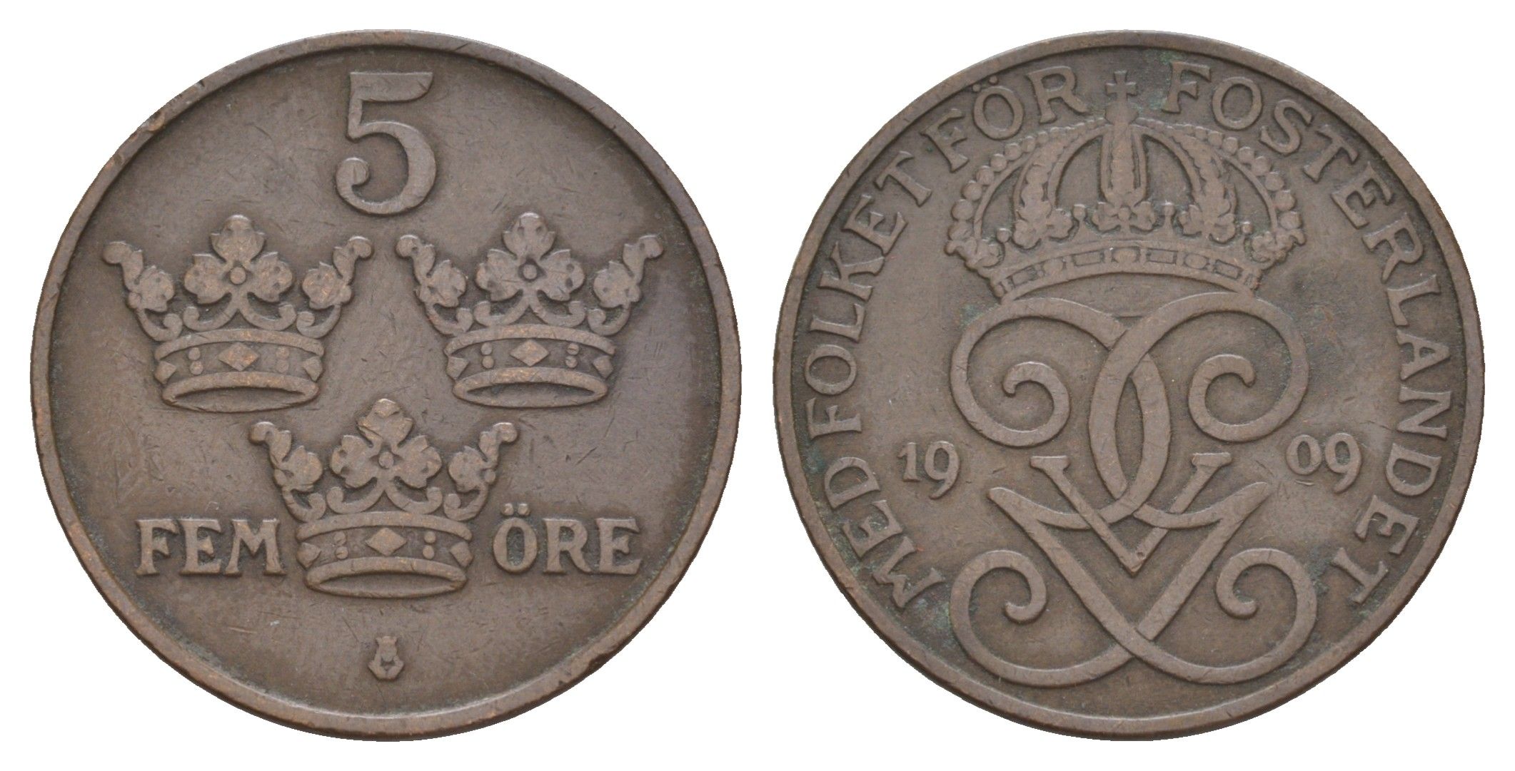 Швеция 5 эре 1909 Густав V (1907-1950) KM 779 бронза 4654-212