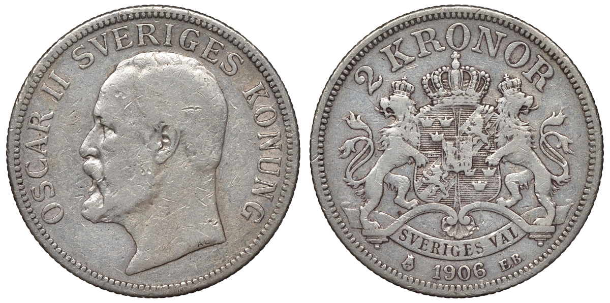 Швеция 2 кроны 1906 EB, Оскар II (1872-1907) король Швеции KM 773 серебро 4117-714
