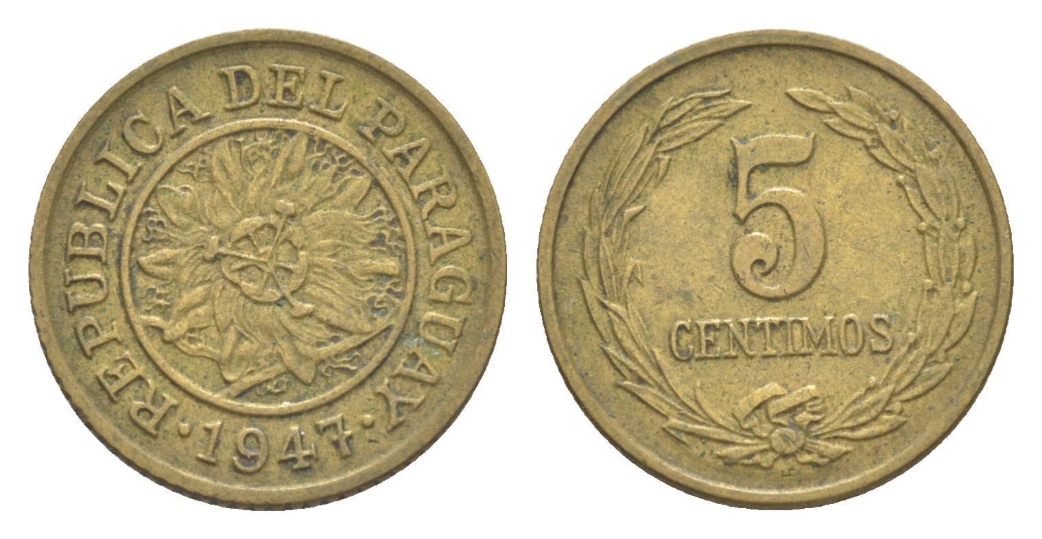 Парагвай 5 сентимо 1947 KM 21 алюминиевая бронза 4643-469