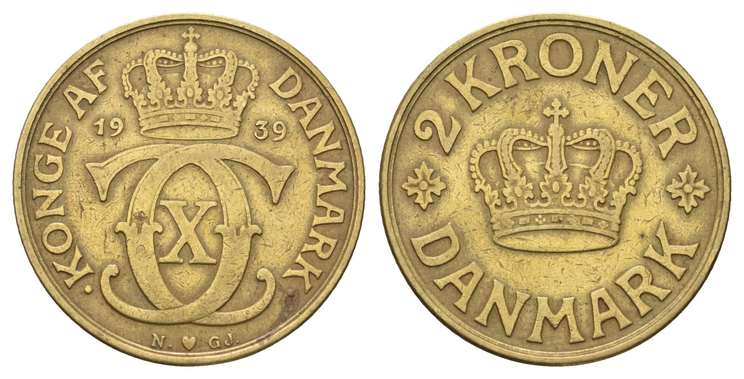 Дания 2 кроны 1939 N; GJ, Кристиан X (1912-1947) KM 825 алюминиевая бронза 83-626